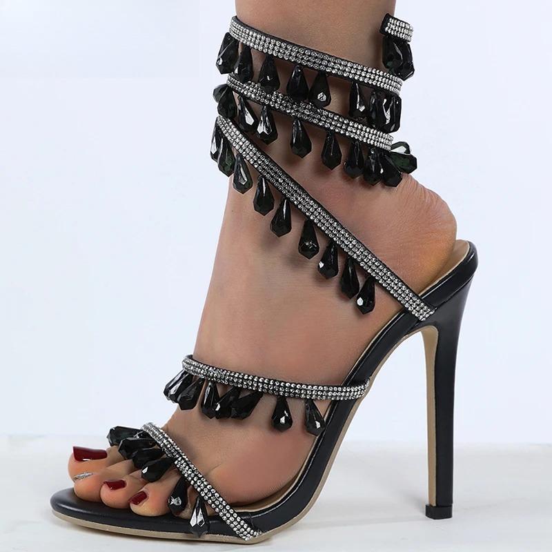 Fashion Summer Rhinestone High Heel Sandals Luxury Fashion Women's Shoes Brand String Bead Banquet Stiletto Wrap Strap Open Toed Shoes