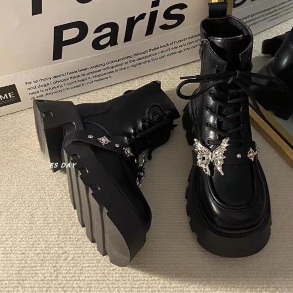 Fashion Shoes for Women's Design Sense Metal Butterfly High-top Boots Women's New Retro Versatile Platform Tide Short Boots Botas Mujer