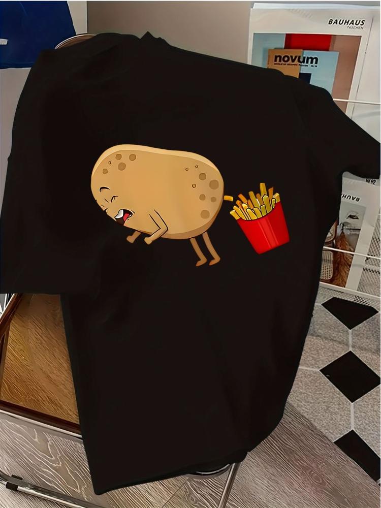 Unisexs Cream Crew Neck Tee Funny Cartoon Potato French Fries Humor Graphic Loose Summer Casual Street Short Sleeve Daily Soft Top