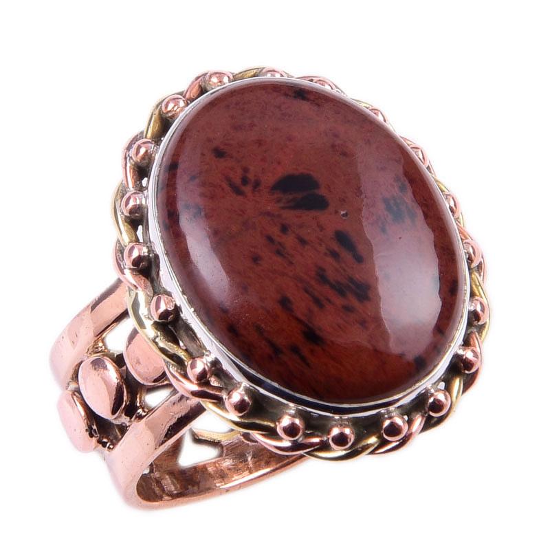 Natural Mahogany Obsidian Gemstone 925 Sterling Silver Two Tone Ring S.7.5 G0C73