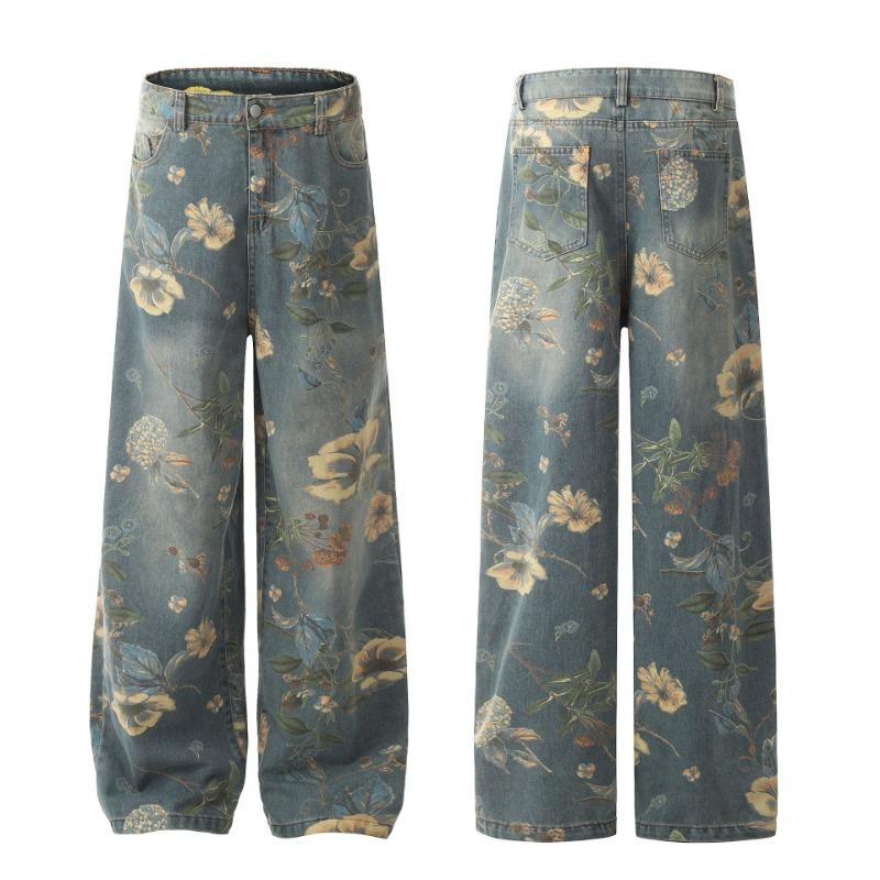 2026 Jeans alla Moda Stile Americano Stampa Vintage Vestibilità Larga Gamba Larga Estivi High Street Gamba Dritta Pantaloni Casual da Uomo Donna