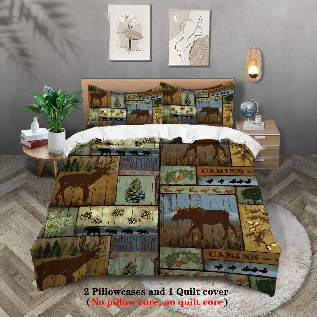

3pcs Farmhouse Duvet Cover Set,Black Bear Deer Elk Moose Forest Animal Wildlife Lodge Rustic Bedding Set,Sage Green Brown Plaid 135x200cm-EU-Single