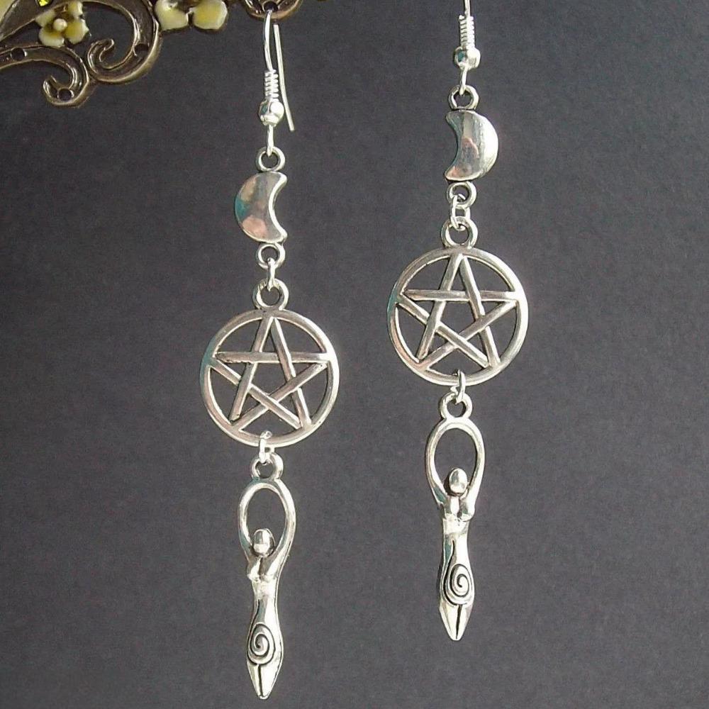 Gothic Retro Mother Earth Goddess Five-pointed Star Moon Long Pendant Dangle Earrings for Women Halloween Pagan Witch Jewelry