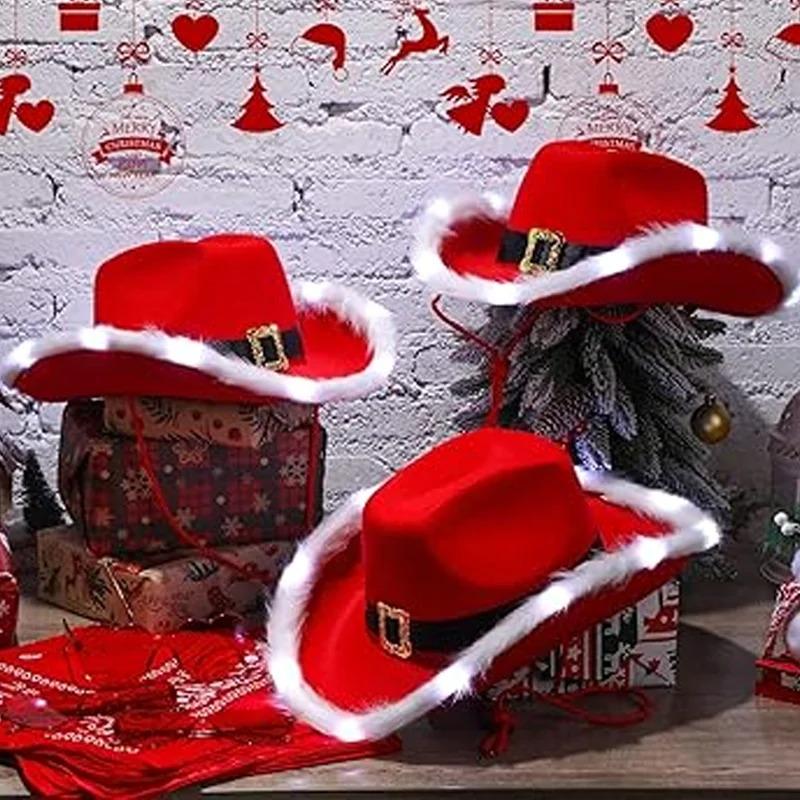 1-10pcs European and American Men's and Women's Cowboy Hat Red Western Cowboy Hats Christmas Feather Santa Claus Illuminated Hat