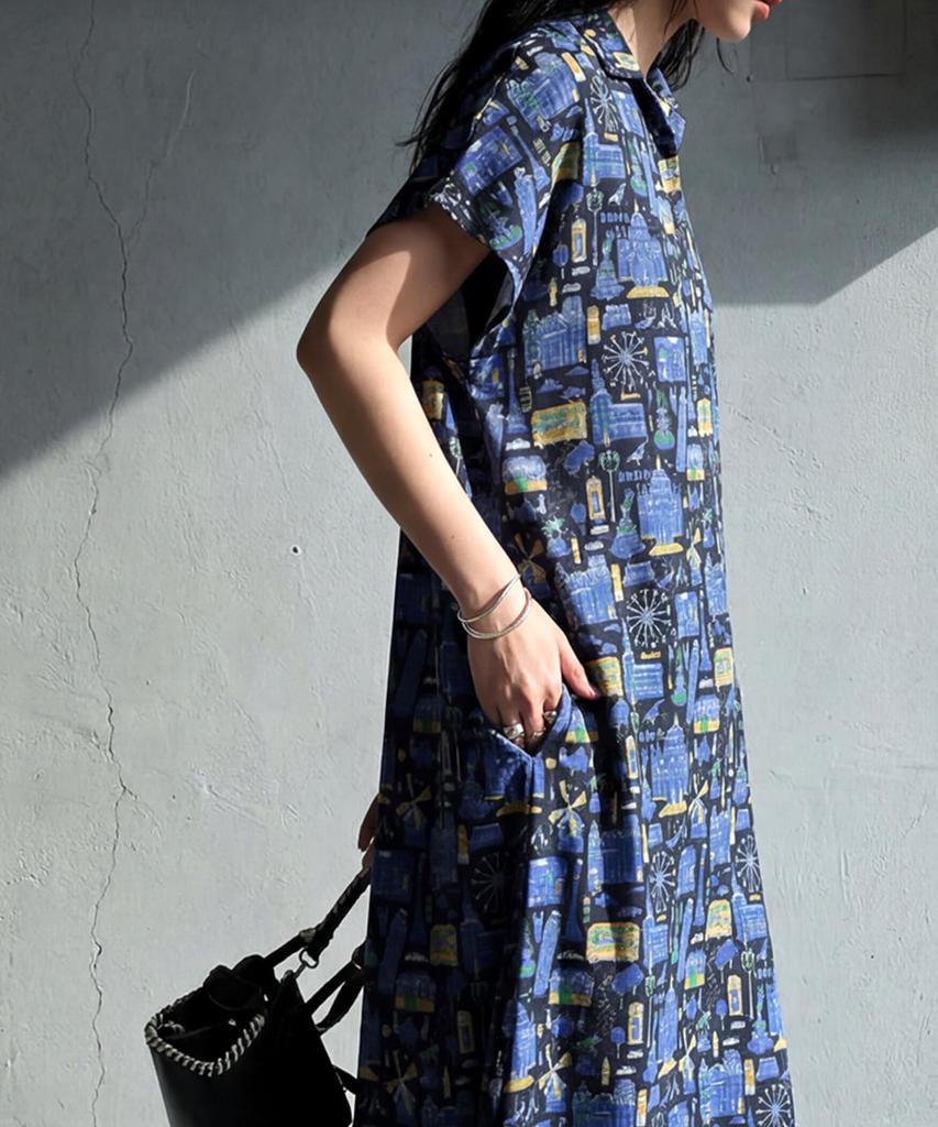Antiqua Pullover Dress with Street Skipper Relaxed 05 Black One Size [antiqua] Women's Short-Sleeved Long-Length Pattern, Collar, All-Over Print,
