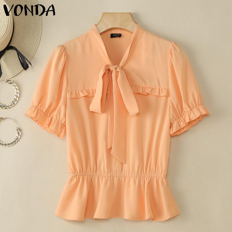 

VONDA Elegant Women Puff Sleeve Bow Neck Slim Waist Casual Ruffled Blouse 5XL темно-розовый