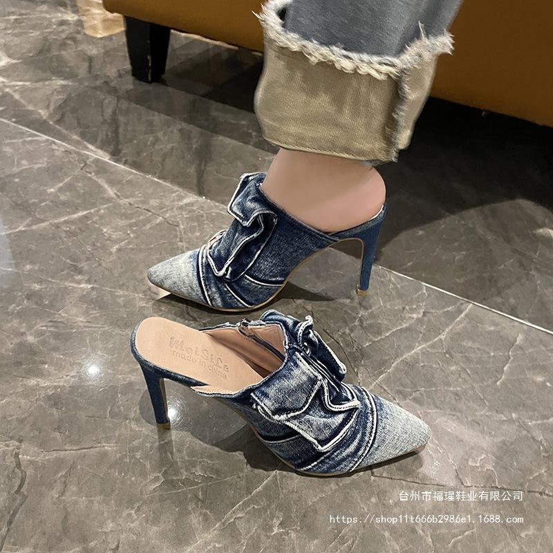 2025 new high-heeled pointed slippers washed denim retro personalized old sandals European and American large-size shoes