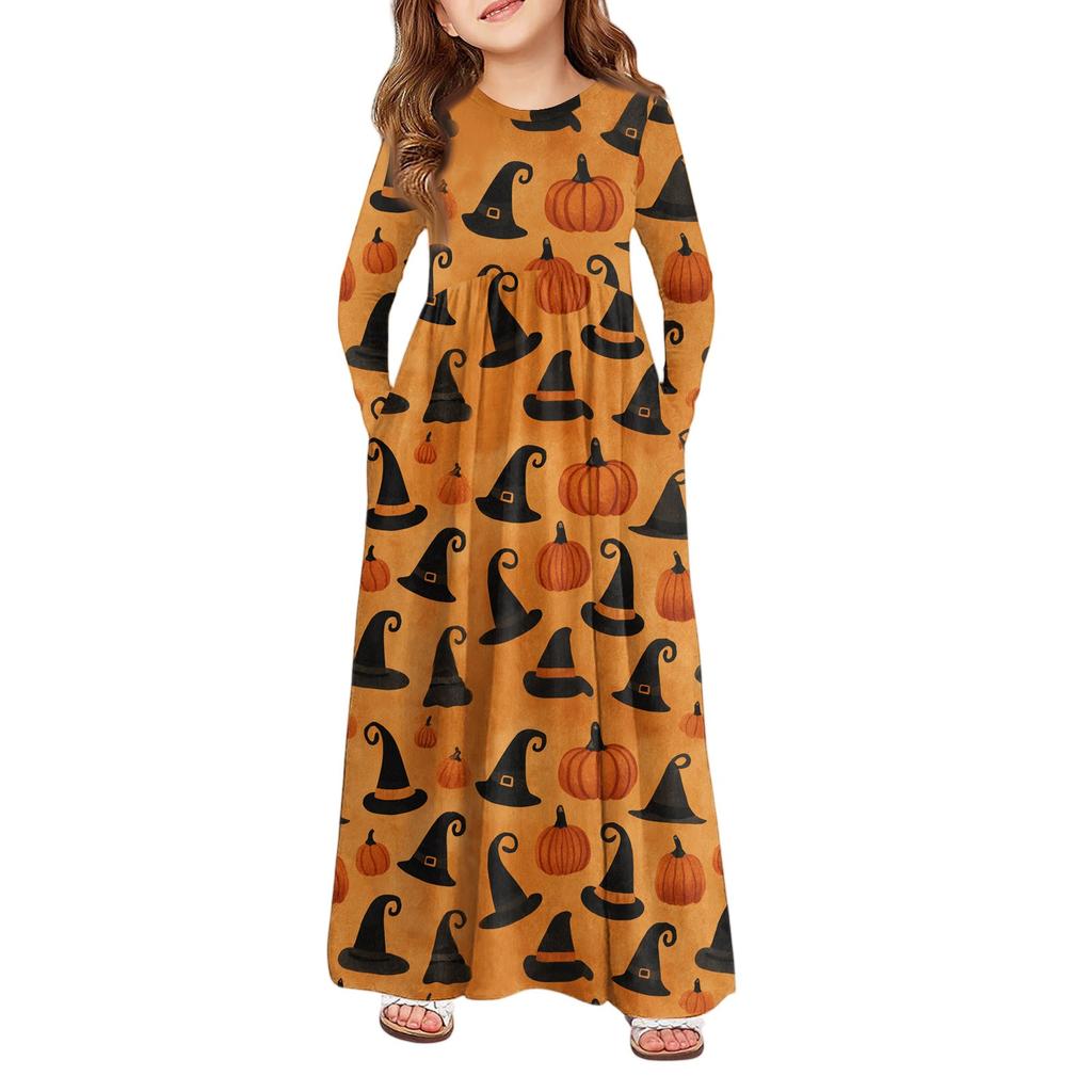 Mädchen Maxi Kleid Halloween Tag- Langarm Taschenkleid