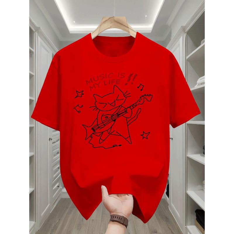 Kids Cat Playing Guitar Music Note Print Crewneck Casual Short Sleeve Tee