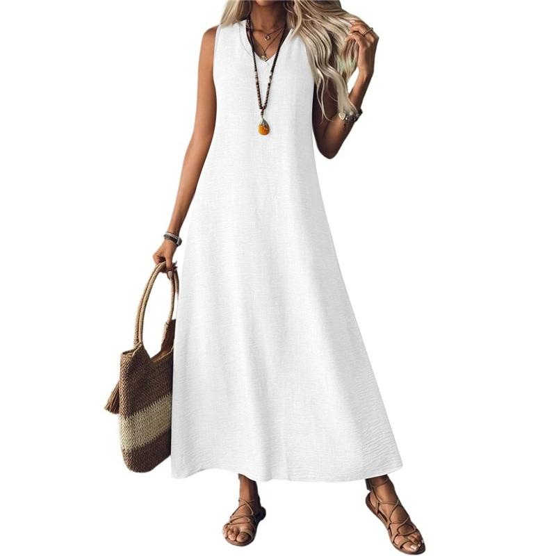 Abito Lungo da Donna Senza Maniche in Lino Scollo a V Ampio Casual Lungo
