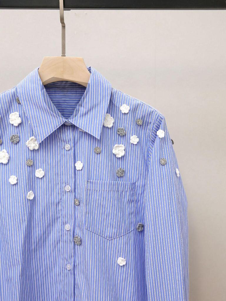 High-End Damen Französisches Herbst Häkel Perlen Gestreiftes Hemd