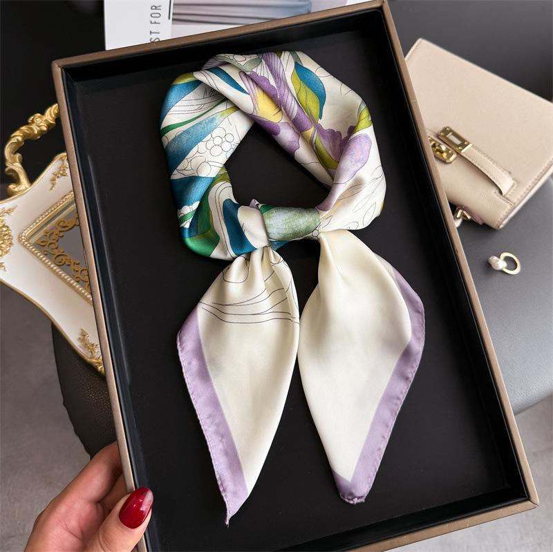 Luxury Brand  Floral Print Square Silk Scarf for Women Hijab Hair Bands 70cm Neckerchief Female Satin Shawl Ribbon Headband