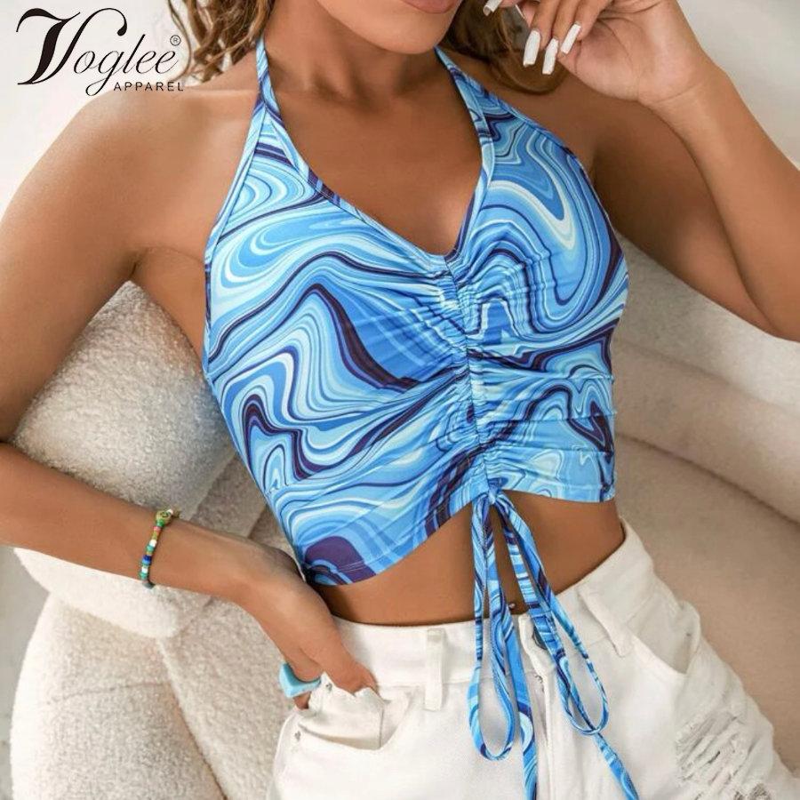 

Мраморный принт Drawstring Ruched Front Crop Halter Top