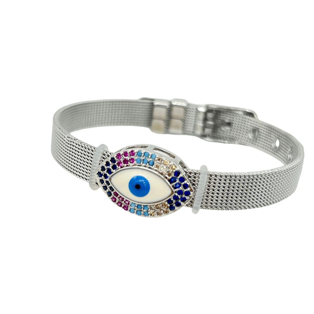 Stainless Steel Watch Band with Devil's Eye Zircon Bracelet - Stylish European and American Fashion Jewelry