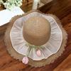 Wide-brimmed Straw Hat with Ties for Women, Korean Style, Summer Hollow Breathable Straw Hat, Beach Vacation Sunshade Fisherman Hat