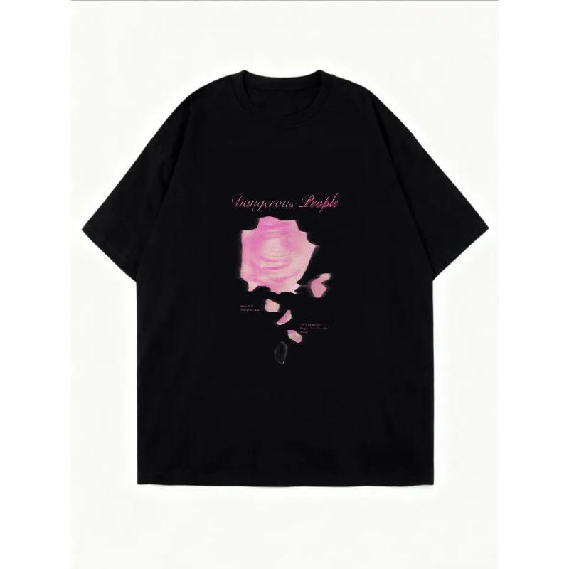 White Oversized T Shirt With Pink Rose And Text Print For Casual Wear