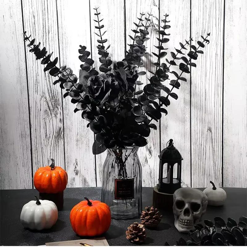 10/20/30Pcs Black Eucalyptus Artificial Bouuqet 38cm Fake Branch Halloween Decoration Faux Leaves Plant for Home Decor Garden