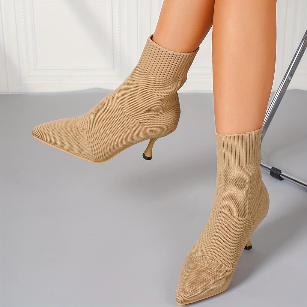 Women's Autumn Pointed Toe High-Heel Sock Boots - Stretchy Knit Ankle Boots, Korean Style Slim Fit Booties with Chunky Heel for Fall & Winter