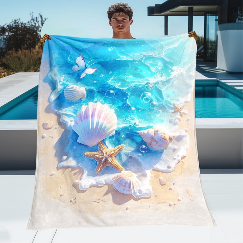 Blue Ocean Shell Print Flannel Blanket Soft Lightweight for Sofa Travel Office Bed, Nice Home Gift