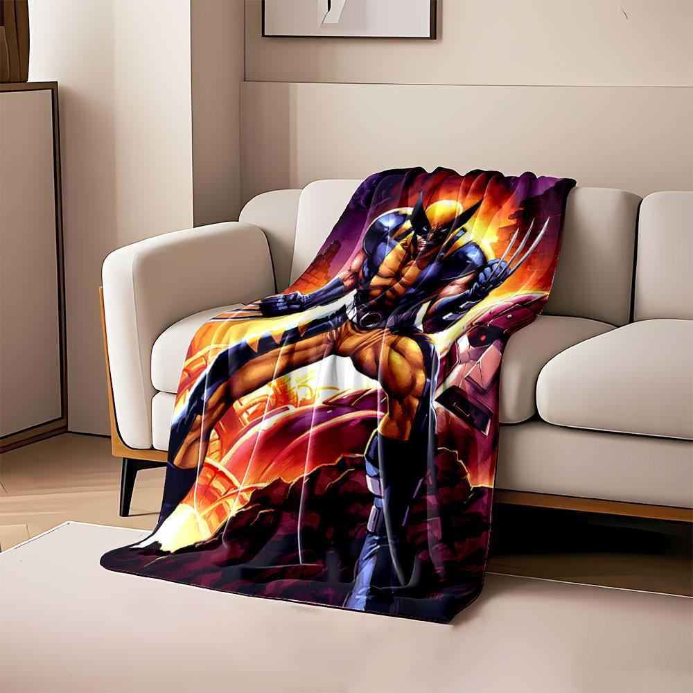 

A muscular figure in yellow and blue armor with claws, amidst destruction. for all seasons blanket lunch break throw gift 80cm x 120cm
