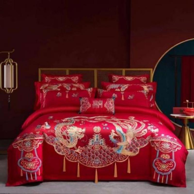 New Chinese style big red embroidery wedding quilt cover polished wedding room bedding wedding four-piece multi-piece set
