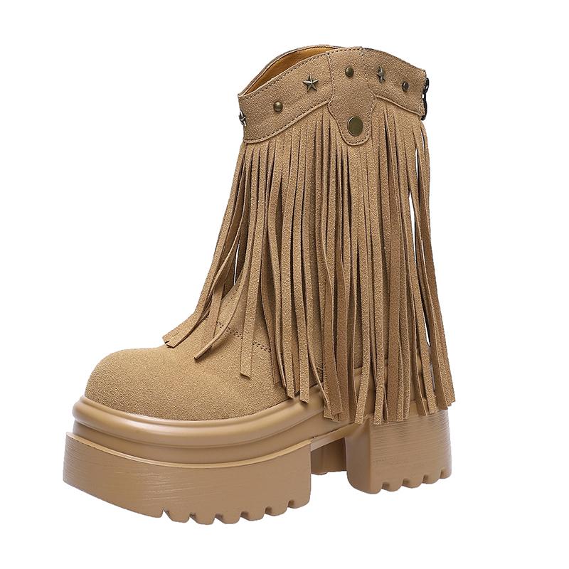 Fashion Women Tassels High Heels 9CM Thick Platform Short Boots Suede Chunky Shoes Woman Autumn Winter Platform Motorcycle Boots Botas