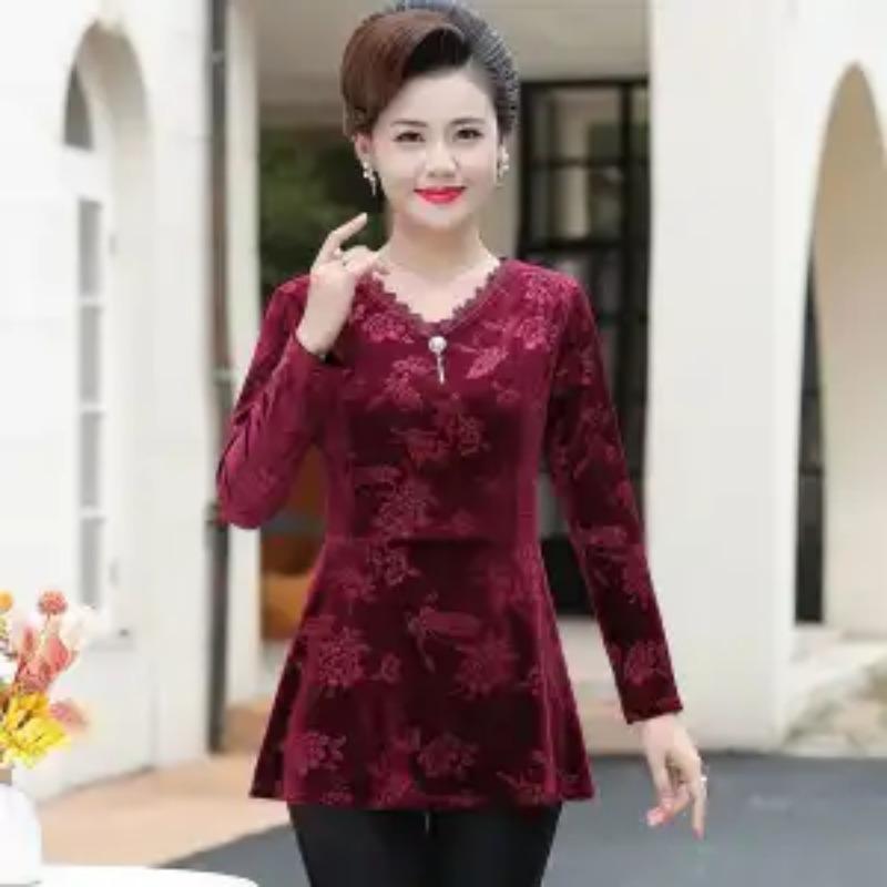 

Пуловер с длинными рукавами и кружевной вставкой, V-образный вырез, модный, повседневный, с принтом, топ с длинными рукавами 4XL малиновый