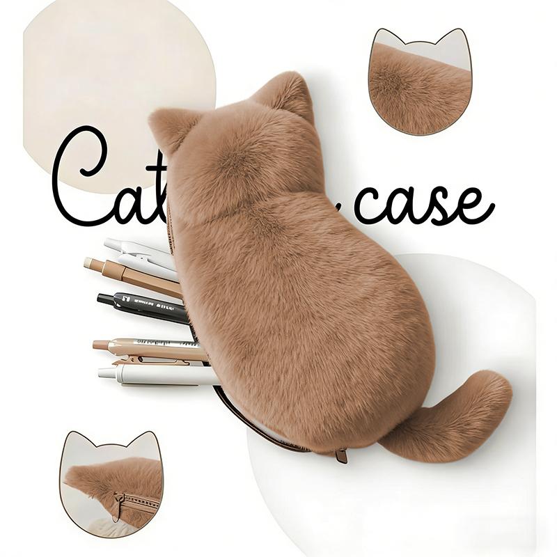 Kawaii Plush Cat Shaped Pen Bag With Soft Touch Cute Lightweight Large Capacity Stationery Storage Pen Bag Multi-Purpose Storage