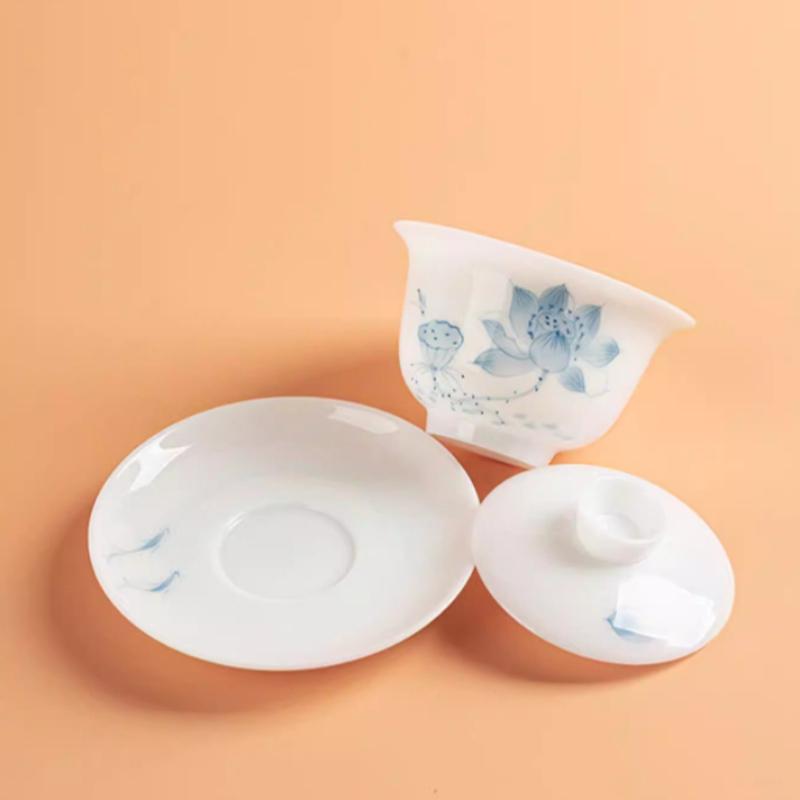 Porcelain Tea Set Chinese Tea Cup Hand Painted Lotus Gaiwan Luxury Gongfu Tea Ware Jade Ceramic Gift for Home Office Decor