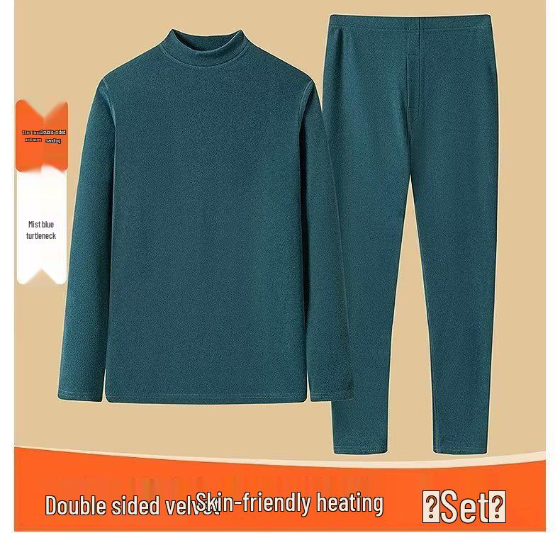 Men's Korean Fleece Set: Long Sleeve, Long Pants, High Neck, Double-Sided, Warm Base Layer for Autumn and Winter