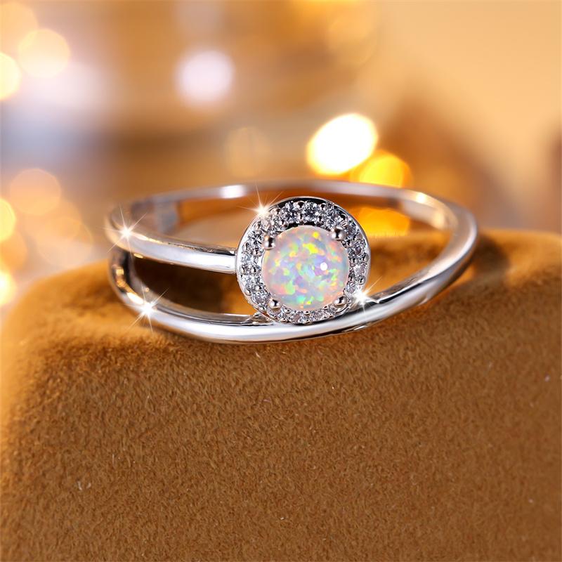 Rainbow White Fire Opal Rings For Women Silver Color Minimalist Round Birthstone Wedding Bands Zircon Index Finger Jewelry Gift