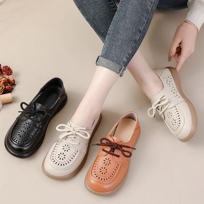 Cowhide Women's Shoes, Genuine Leather Hollow Sandals, Retro Leather Shoes, Middle-aged and Elderly Shoes