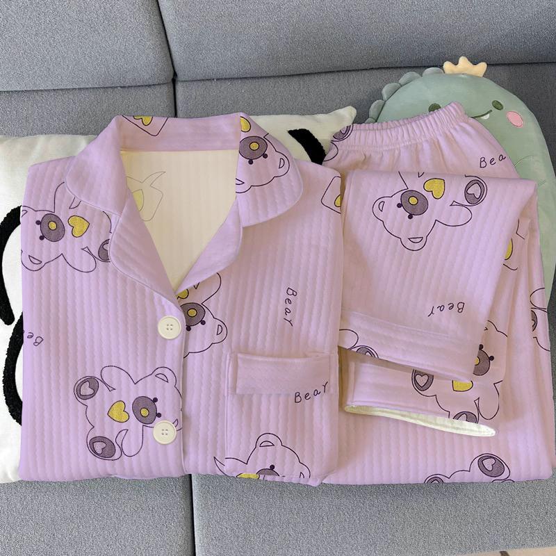 Harajuku Style Bear Print Women's Pajamas Set Cartoon Sweet Cute Home Wear Autumn Winter 2 Piece Set Women's Pajamas