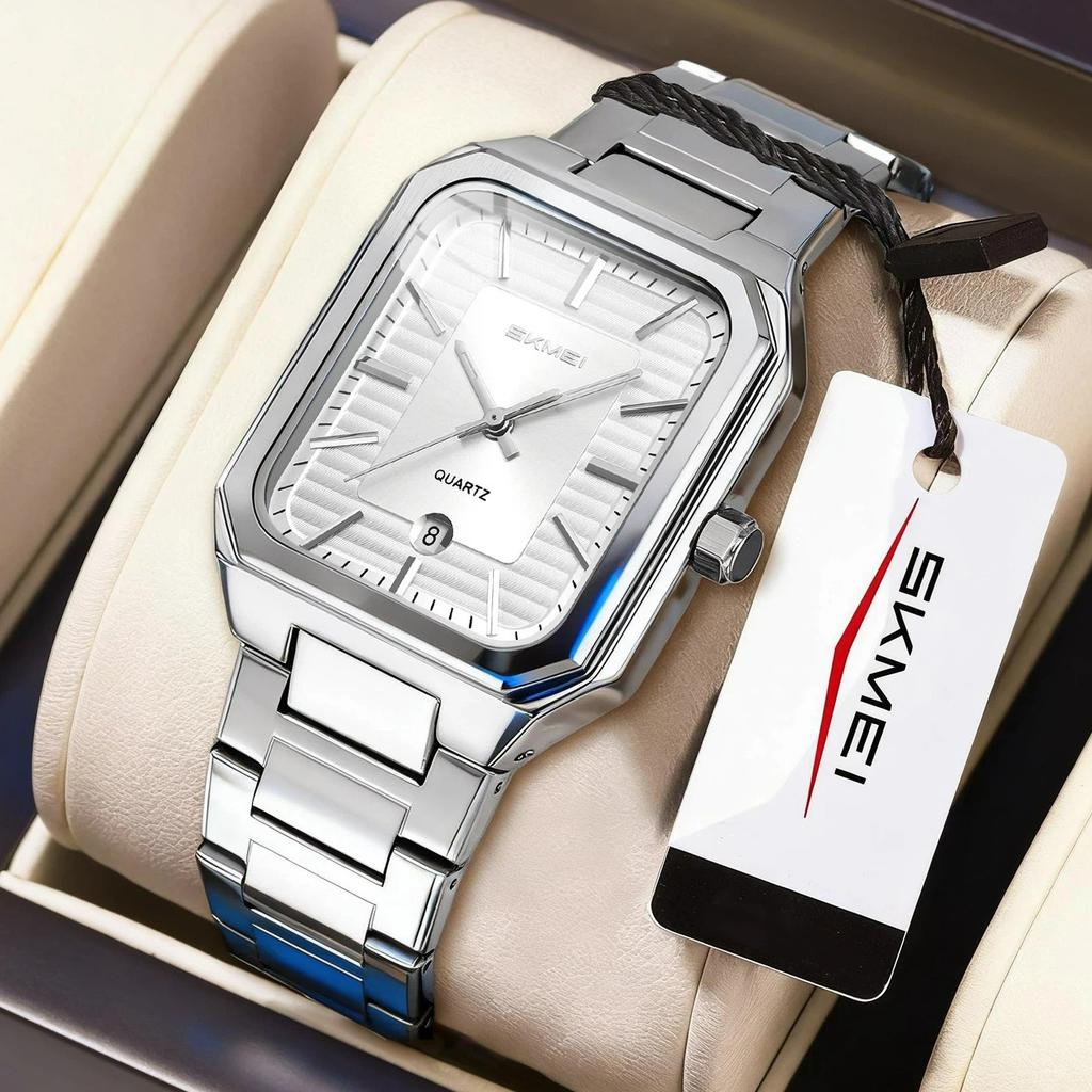 SKMEI Luxury Business Square Quartz Watches Classic Stripe Design Dial with Stainless Steel Band Wristwatch for Men