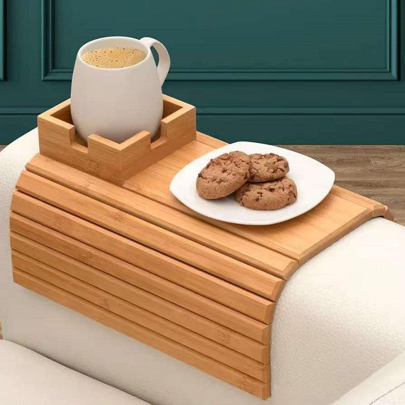 Faltbare Bambus-Sofa-Armlehnen-Tablett für Snacks und Getränke - Frühstückstablett aus Massivholz