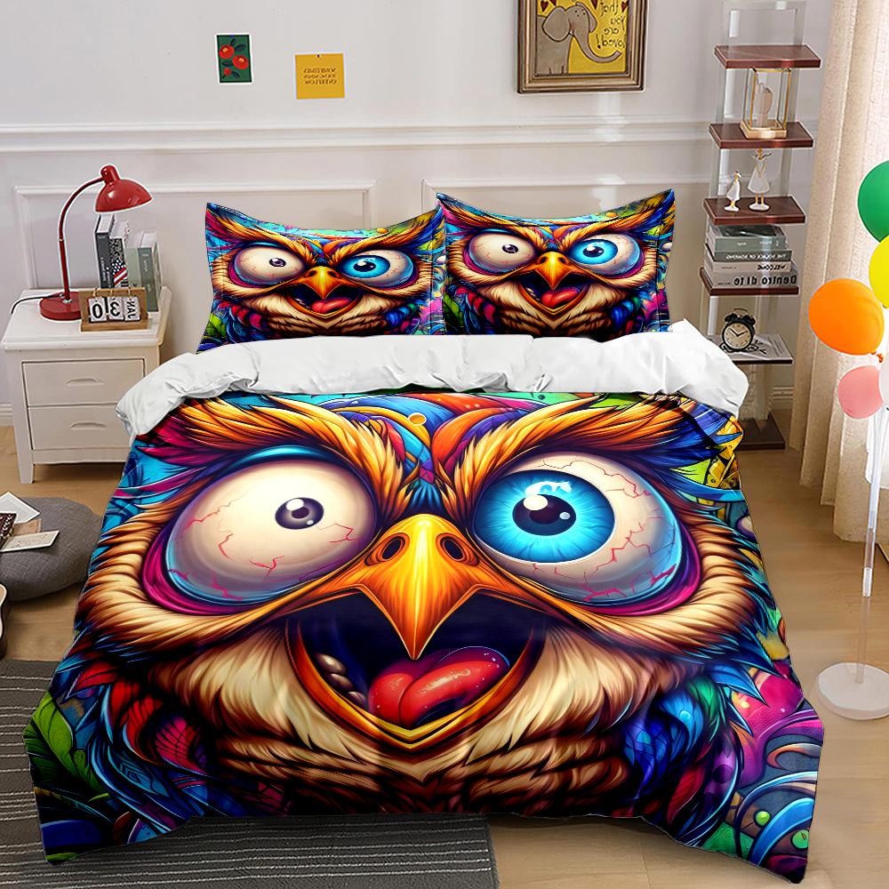 Colorful Exaggerated Owl Art Illustration Bedding Set for Kids Luxury Gift 3pcs Digital Print Comforter Set Soft Comfortable