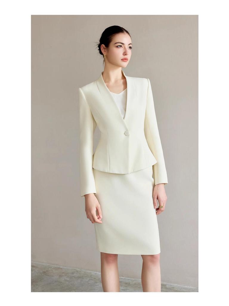 AD Women's Light-Colored Collarless Professional Suit Set - High-End Fashionable Formal Wear for Commuters