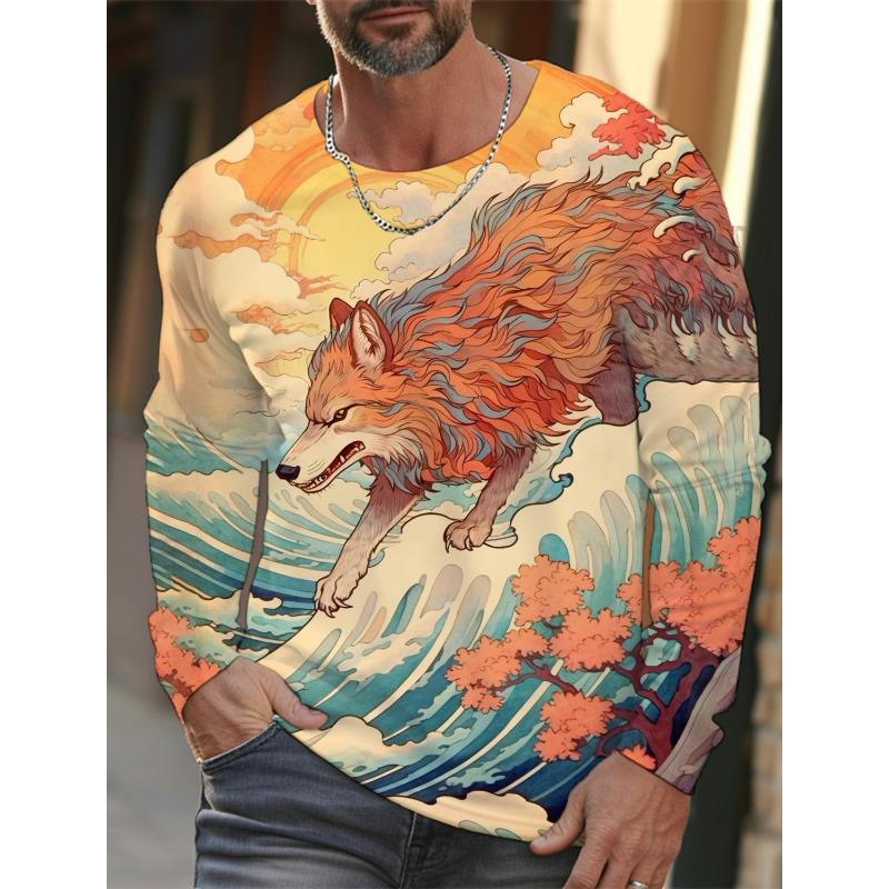 Men's Ukiyoe Long-sleeved T-shirt 3d Printed High-definition Wolf Print Men's Autumn Top Casual Round Neck T-shirt