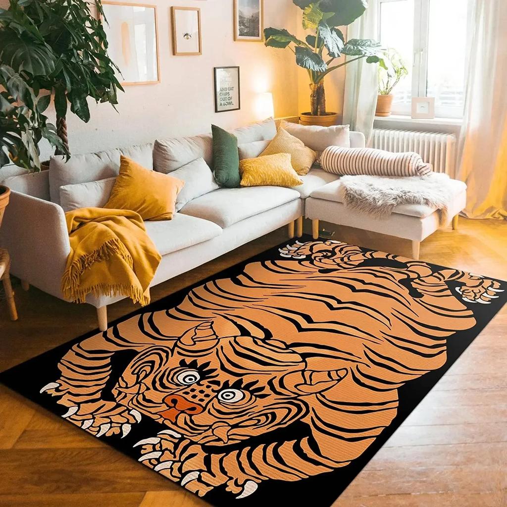 Vintage Tiger Themed Rug Various Artistic Tiger Designs with Floral Borders Soft Non Slip Carpet for Living Room Bedroom Decor
