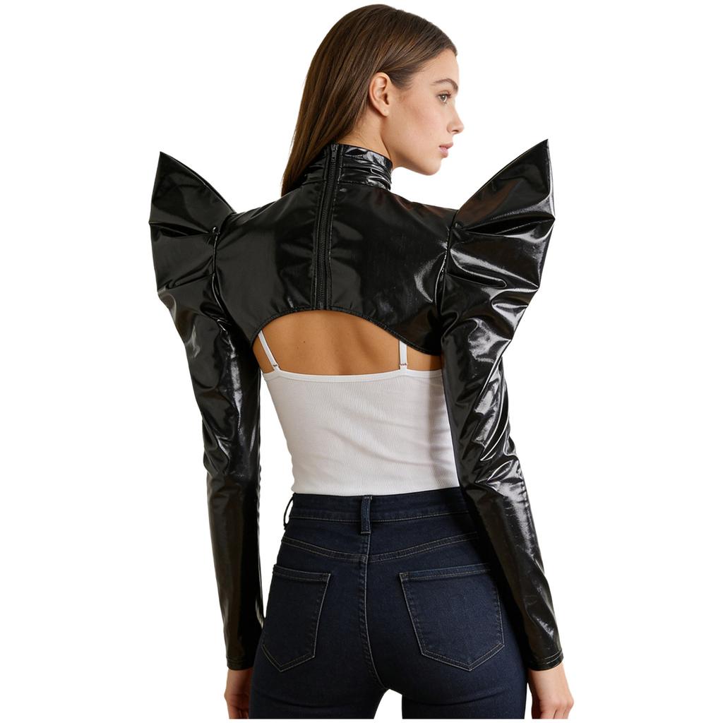 Châle d'épaule métallique irisé pour femme Boléro futuriste à manches longues et col roulé, ouverture sur le devant, fermeture éclair dans le dos