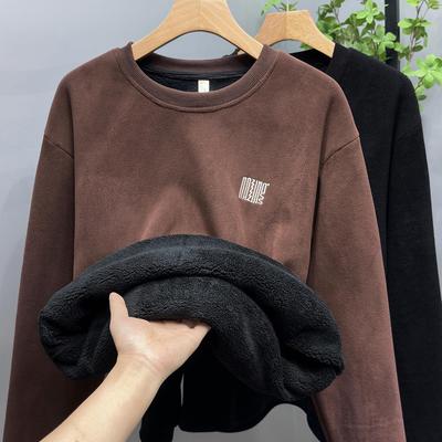 Men's Plus Size Winter Coral Fleece Hoodie, Fleece-Lined, Thick, Warm, Round Neck, Fits Up To 350 Jin, Ideal As Base Layer