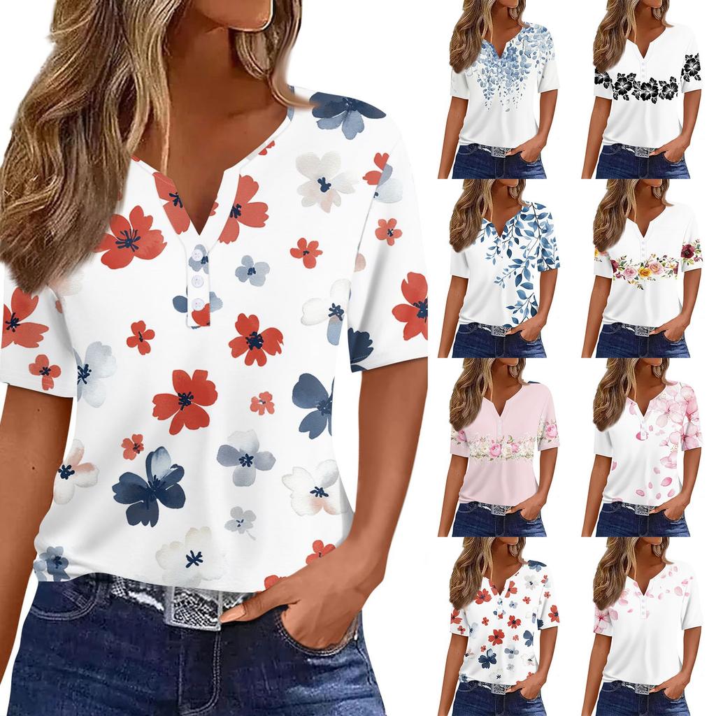 Dámské ležérní tričko s potiskem, výstřihem do V, krátkým rukávem a ozdobnými knoflíky