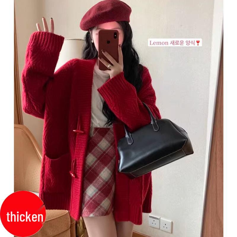 Women's Retro Loose Knit Cardigan with Toggle Buttons - Mid-Length, Thickened, Perfect for Autumn and Spring