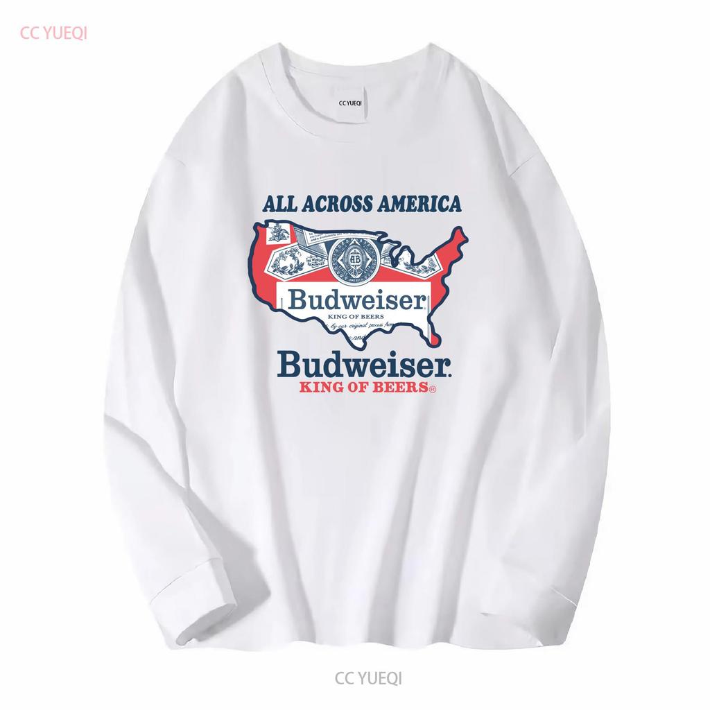 Maglietta Bianca Vintage con Logo Bandiera Budweiser Kv10809 Maniche Lunghe Top Morbido Lavato Vintage per Uso Quotidiano Grafica alla Moda