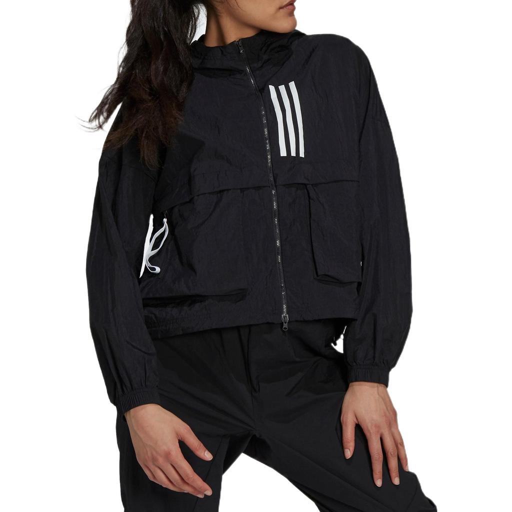 Adidas Color Block Striped Logo Print Hooded Jacket Women Jackets Black GT9754