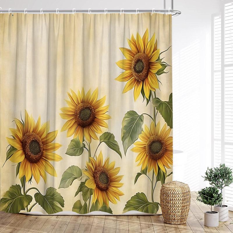Rustic Sunflower Shower Curtain Farmhouse Floral Butterfly Daisy Vintage Spring Flowers Wooden Plank Country Home Bathroom Decor