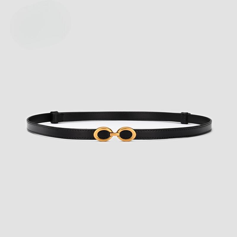 Genuine Leather Thin Belt Fashionable Simple Decorative Dress Cowhide Thin Belt with Suit Waist-hugging Black Belt for Women