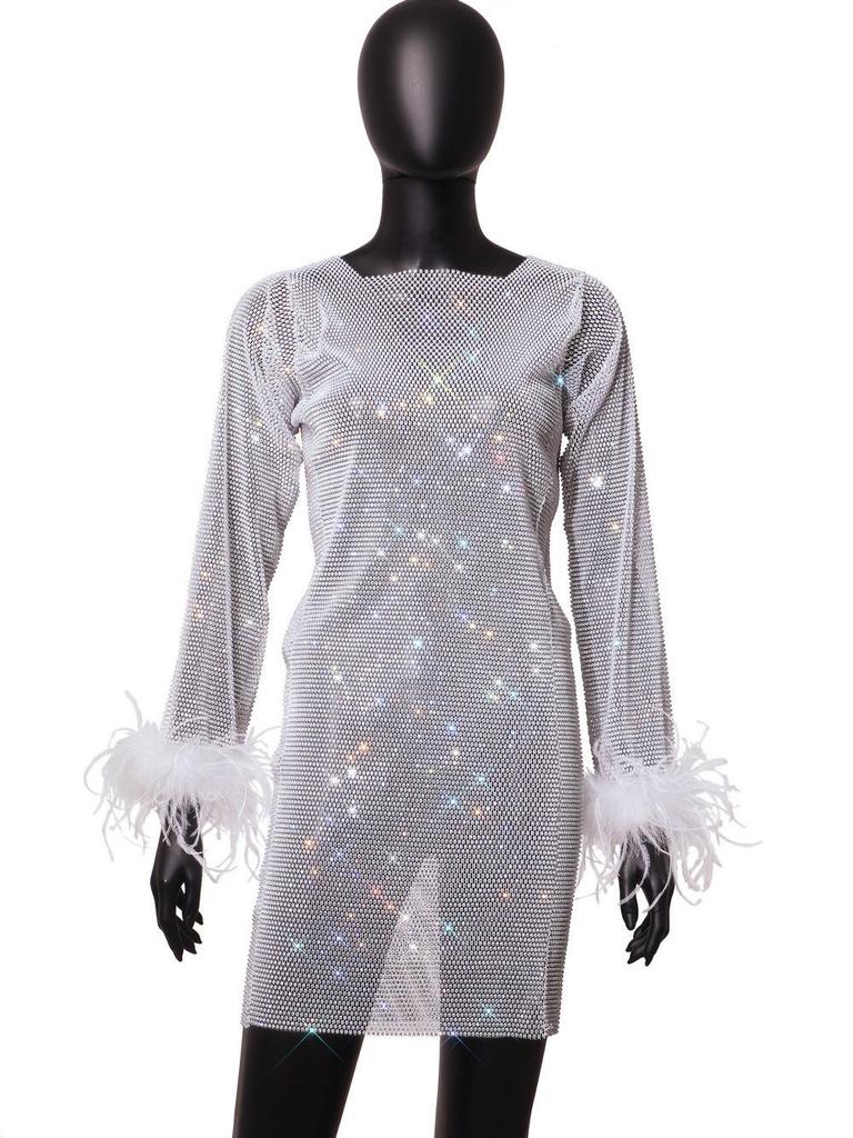Glamorous Summer 2025 Diamond Mesh Long-Sleeved Fur Dress