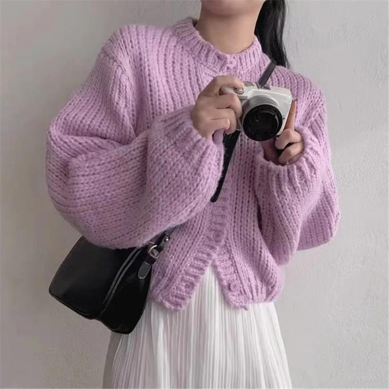 2024 Осень Зима Верхняя одежда Корейский Стиль Преппи Кардиган Свитер Женская Белая Карамельного Цвета Модная Мягкая Трикотажная Куртка Женская XL фиолетовый