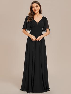 Ever-Pretty Women's Chiffon A-Line Empire Waist Floor Length V Neck Wedding Party Dress With Ruffles Sleeves